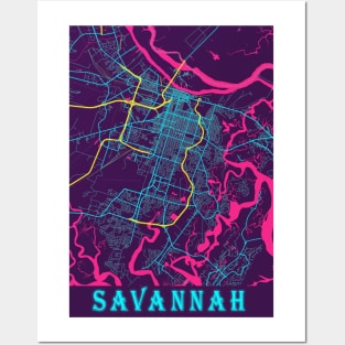 Savannah Neon City Map, Savannah Minimalist City Map Art Print Posters and Art